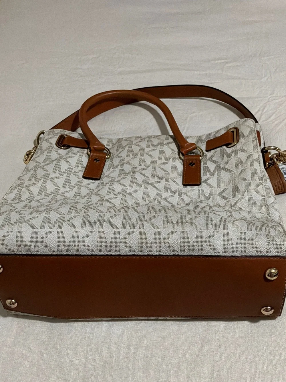 Michael Kors Cream and Brown MK Signature Tote with Gold Hardware